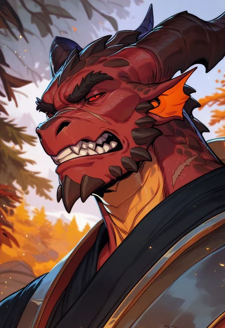 score_9, score_8_up, score_8, score_7_up, score_7, score_6_up, score_6, score_5_up, Score_5, muscular dragonborn, dragon face, dragon maw, half dragon, bright golden scales, silver tipped horns, several horns, scars, red eyes, (samurai armor:1.3), fierce look, angry expression, black robes, brawny, vox machine style, 1boy, male focus, solo, portrait, fantasy, forest background, (dynamic lighting:1.1)
((masterpiece))