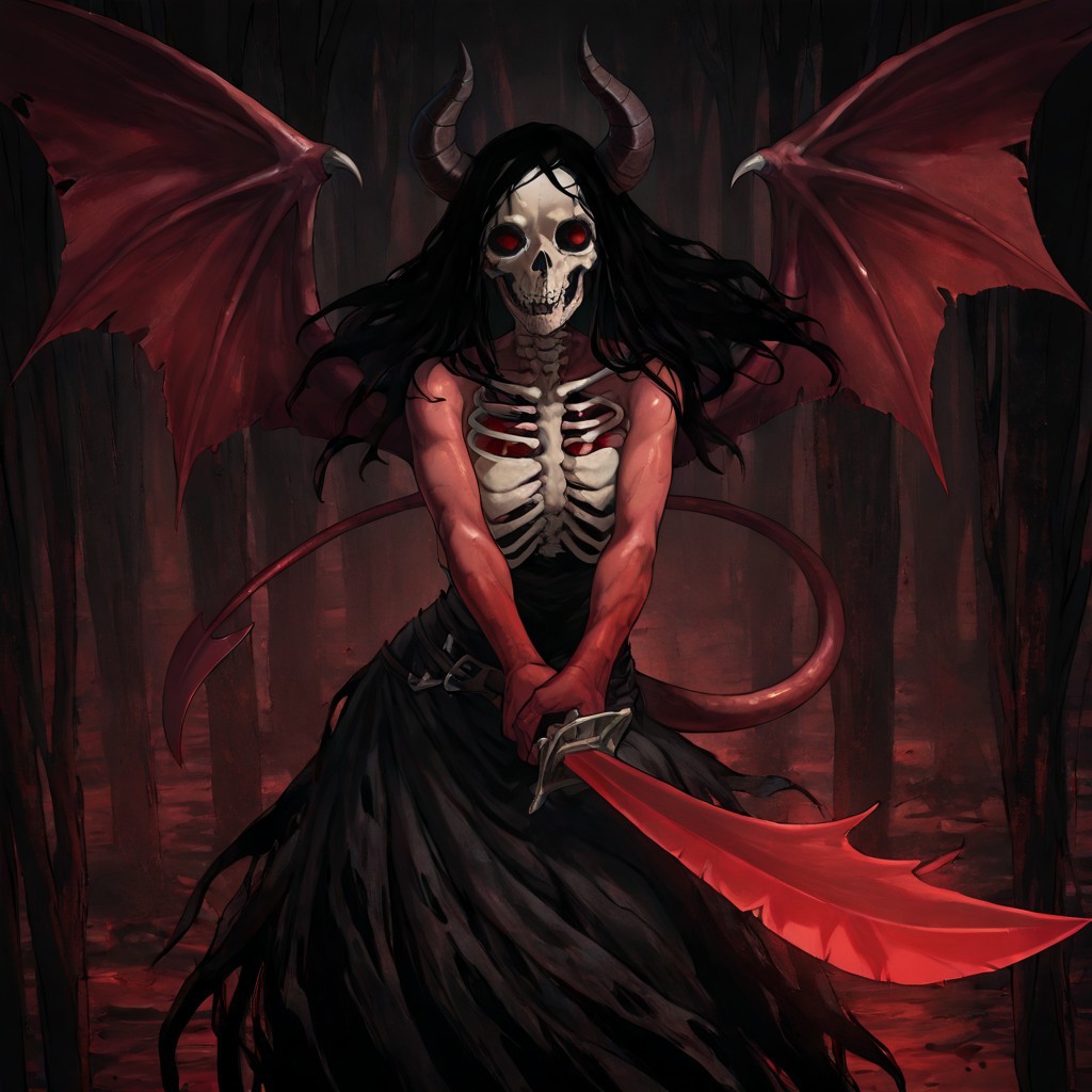 masterpiece, best quality, newest, absurdres, highres, 
INCSV1.0, incoming attack, holding sword, sword, holding weapon, holding, weapon,
1girl, red skin, red colored skin, demon girl, succubus, demon horns, horns, demon wings, demon tail, wings, horror (theme), monster girl, skull, skull mask, bones, skeleton, veil, veiled face, mask,