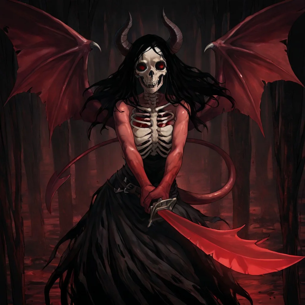 masterpiece, best quality, newest, absurdres, highres,
INCSV1.0, incoming attack, holding sword, sword, holding weapon, holding, weapon,
1girl, red skin, red colored skin, demon girl, succubus, demon horns, horns, demon wings, demon tail, wings, horror (theme), monster girl, skull, skull mask, bones, skeleton, veil, veiled face, mask,