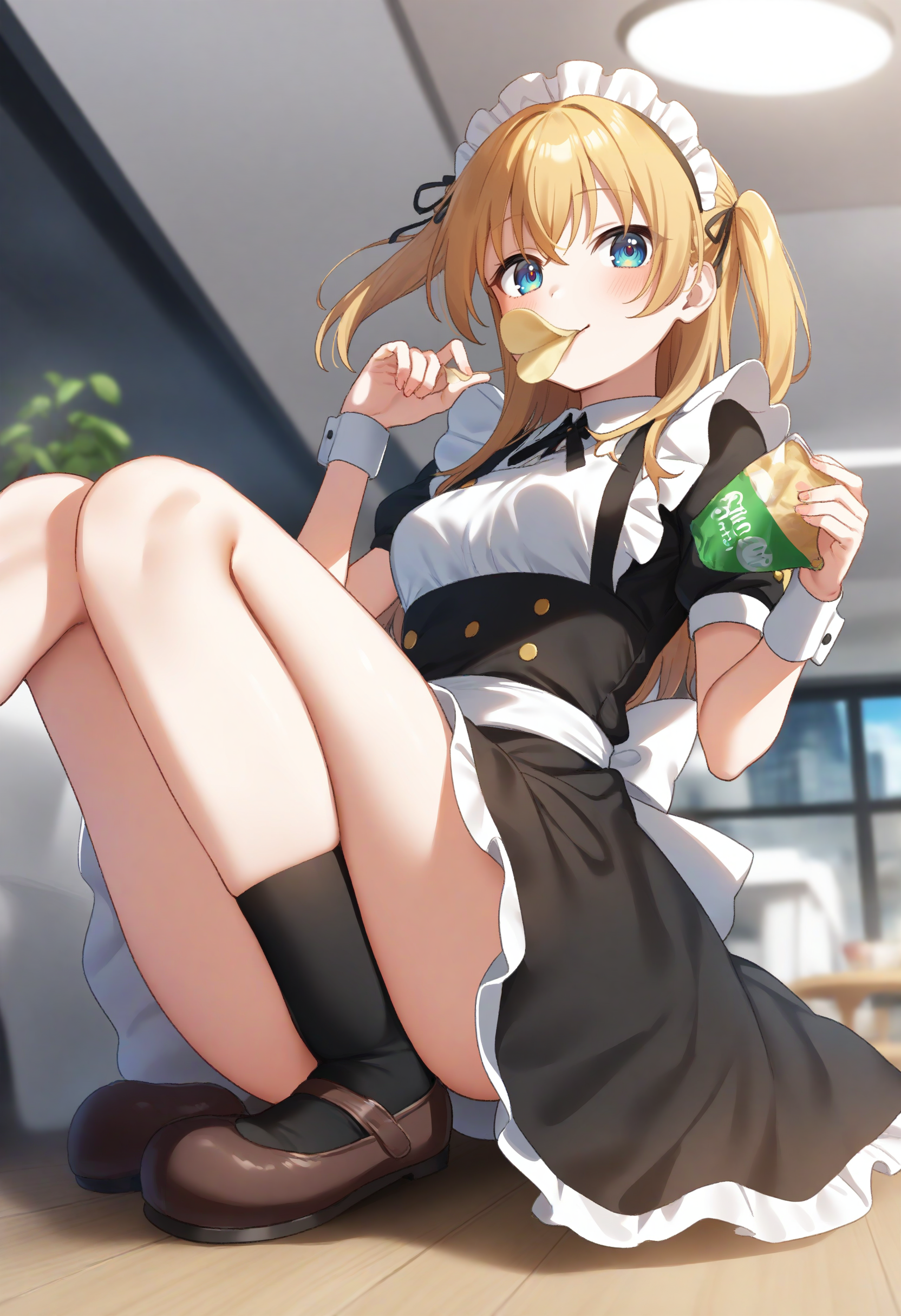 1girl,sincos, ningen mame, toosaka asagi,solo,medium breasts,20yo,maid,maid headdress,
pringle duck, potato chips, mouth hold, food in mouth, eating, <lora:pringleduck_XL_v1:0.7>
ceiling, full body, looking to the side, blonde hair, gray eyes,light smile, Sydney city, open mouth, shiny hair,,
best quality, very aesthetic, absurdres