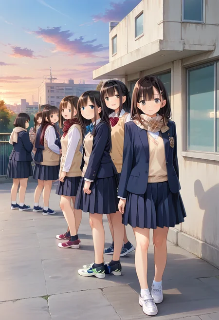 score_9, score_8_up, score_7_up, rating_safe, masterpiece, best quality, absurdres, unity 8k wallpaper, official art, official style, source_anime, uncensored, game cg, megami magazine,
okujyou, multiple girls, school uniform, 6+girls, skirt, black hair, brown hair, outdoors, phone, long hair, short hair, sweater vest, jacket, cellphone, scarf, shoes, sneakers, school, sky, blazer
<lora:gakkou_okujyo_PONY_V1:1>