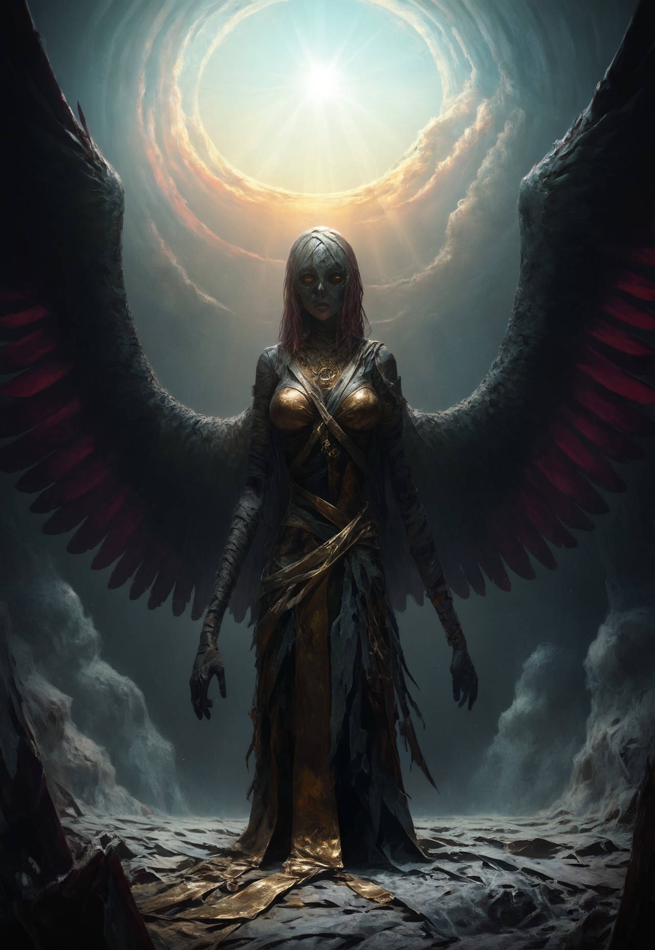 score_9, score_8_up, score_7_up,  ((first person perspective)), exchostroke, a photo of a zombie, mummy, dark storm, ascendance, god rays, light beams, gold, sky, very detailed corpse, rotting corpse, focus on corpse, corpse has beautiful angel wings, wings made of light, detailed wings, wings in the correct spot, thin hair, small scraps of hair, solo