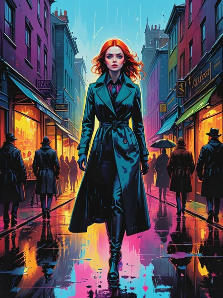impactful color paint of illustration, lady walking in busy crowdy street, classic long coat, by Alexander Jansson, High Contrast, lumen reflections, raining, with puddles, face to the camera, looking to the viewer, Ink, <lora:Bold_Pop:0.7> highly detailed, vibrant colors , 8k, sharp, professional, clear, high contrast, high saturated, , vivid deep blacks, crystal clear