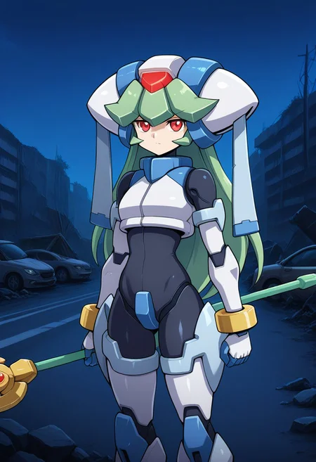1girl, solo, pandorazxa, transformedform, android, green hair, long hair, red eyes, helmet, crop top, bodysuit, armor, armored gloves, armored boots, bracelet, anklet, holding staff, outdoors, highway, wreckage, ruins, night, serious, standing, cowboy shot,