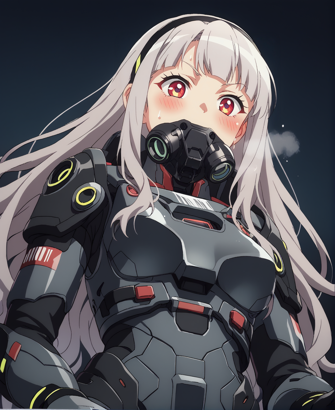 score_9,score_8_up,score_7_up,score_6_up,source anime BREAK, anime screencap,
1girl,solo,mecha,science fiction,dark background,science fiction,barcode tattoo,tube,futuristic,cyberpunk,cockpit,space,medium breasts,from below,armor,body armor,gloves,,,sweat,steaming body,zero gravity,covered mouth,oxygen mask,sweat,grey hair,long hair,curly hair,hair pulled back,,hairband,,red eyes,,,,,,,happy,blush
 <lora:Anime Screencap_epoch_10:1.2>