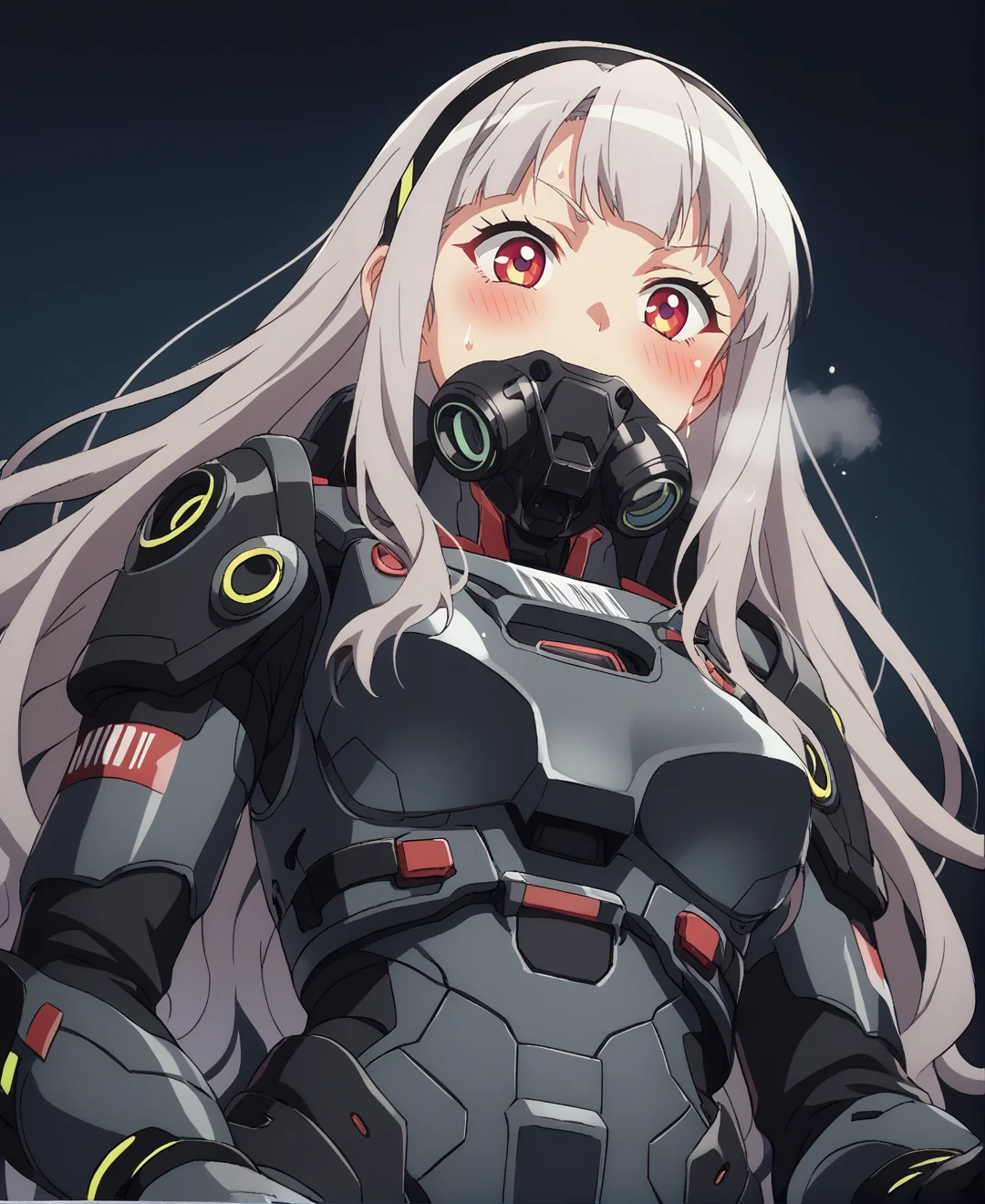 score_9,score_8_up,score_7_up,score_6_up,source anime BREAK, anime screencap,
1girl,solo,mecha,science fiction,dark background,science fiction,barcode tattoo,tube,futuristic,cyberpunk,cockpit,space,medium breasts,from below,armor,body armor,gloves,,,sweat,steaming body,zero gravity,covered mouth,oxygen mask,sweat,grey hair,long hair,curly hair,hair pulled back,,hairband,,red eyes,,,,,,,happy,blush
<lora:Anime Screencap_epoch_10:1.2>