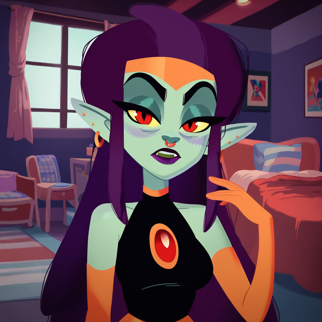 score_9, score_8_up, score_7_up, 1girl, colored skin, green skin, colored sclera, yellow sclera, red eyes, pointy ears, tiara, purple hair, purple lips, large breasts, narrow waist, wide hips, jewelry, nose piercing, looking at viewer, highres, high quality, masterpiece, <lora:Agatha:1>