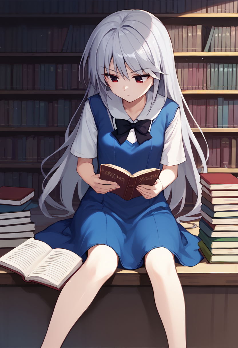 score_9,  score_7_up,   1girl, Kazuki, silver hair, long hair, red eyes, white shirt, blue dress, black bow,    sitting, reading book, library,  <lora:Kazuki Lora-000008:1>