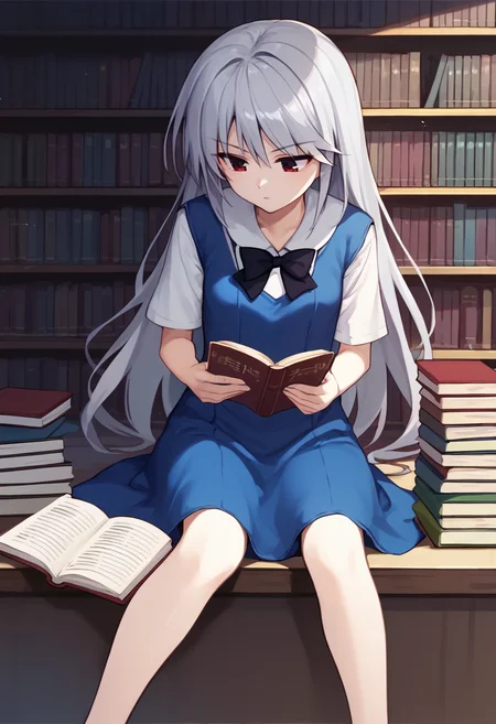 score_9,  score_7_up,   1girl, Kazuki, silver hair, long hair, red eyes, white shirt, blue dress, black bow,    sitting, reading book, library,  <lora:Kazuki Lora-000008:1>