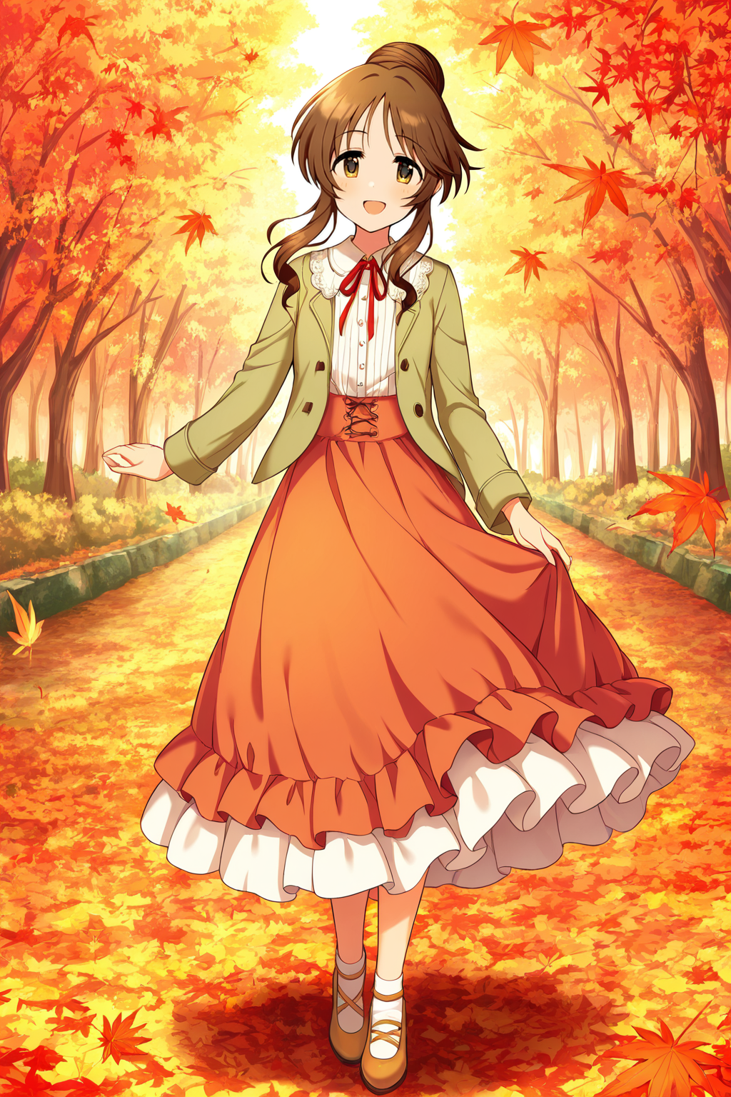 masterpiece,best quality,very aesthetic,absurdres,highres,newest,official art,official style,
1girl,solo,
takamori aiko,brown eyes,brown hair,long hair,sidelocks,
jacket,layered skirt,long skirt,long sleeves,neck ribbon,jacket,red ribbon,ribbon,shirt,skirt,white shirt,
<lora:eye_focus:1>,eye_focus,
maple leaf,leaf,
smile,standing,full body,open mouth,looking at viewer,
<lora:idolmaster_takamori_aiko_ill_v1.0:1>,