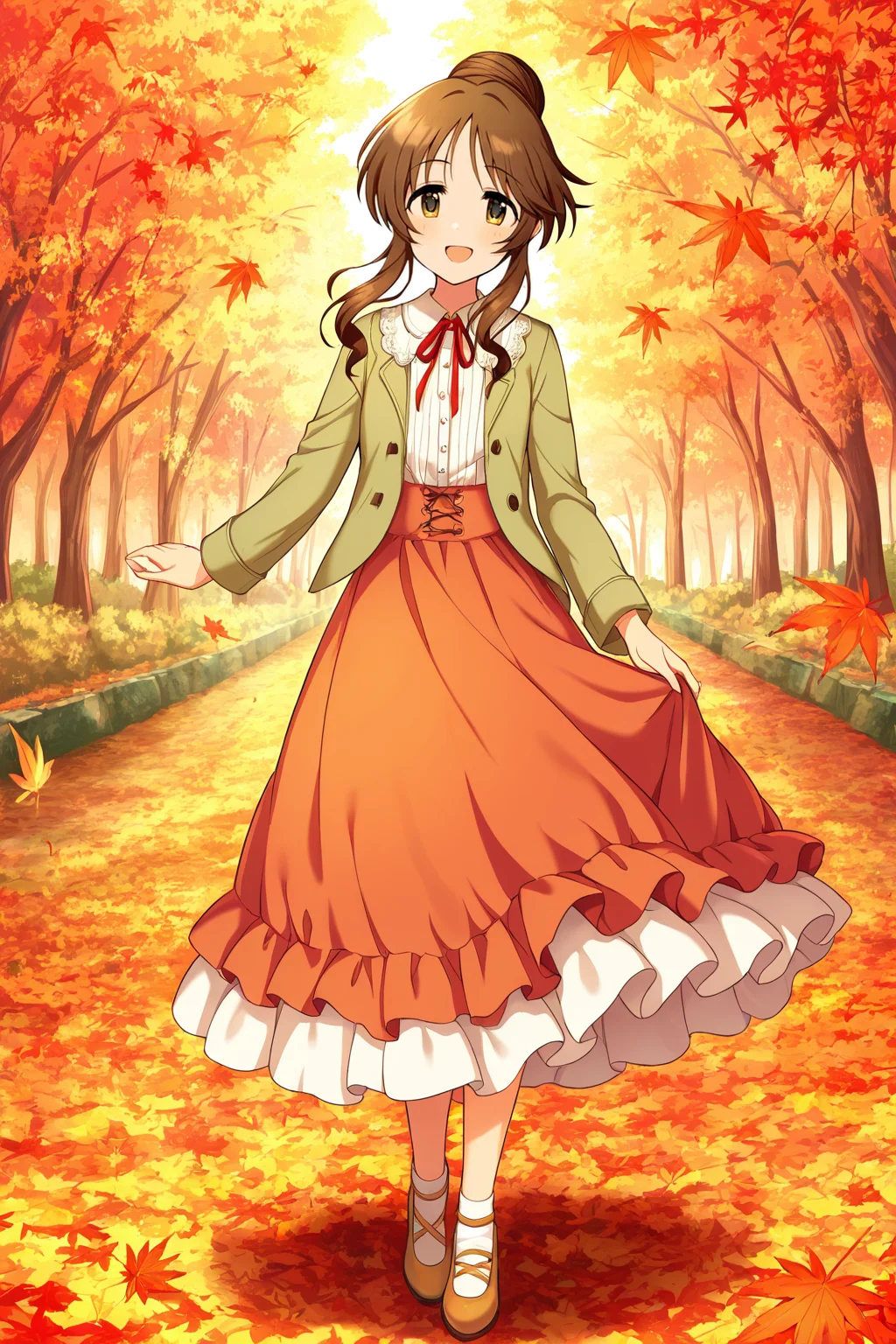 masterpiece,best quality,very aesthetic,absurdres,highres,newest,official art,official style,
1girl,solo,
takamori aiko,brown eyes,brown hair,long hair,sidelocks,
jacket,layered skirt,long skirt,long sleeves,neck ribbon,jacket,red ribbon,ribbon,shirt,skirt,white shirt,
<lora:eye_focus:1>,eye_focus,
maple leaf,leaf,
smile,standing,full body,open mouth,looking at viewer,
<lora:idolmaster_takamori_aiko_ill_v1.0:1>,