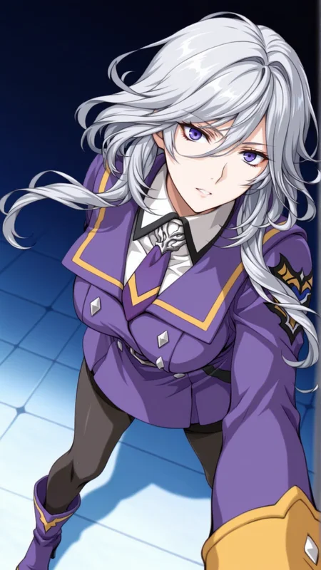 source_anime, general, best quality, masterpiece, 1girl, <lora:Ziony_Regis_ill_v1.0:1> ziony_regis\(srw\),blue eyes, white hair,grey hair, purple eyes,military uniform, long hair, black pantyhose ,purple high heel boots, purple necktie,