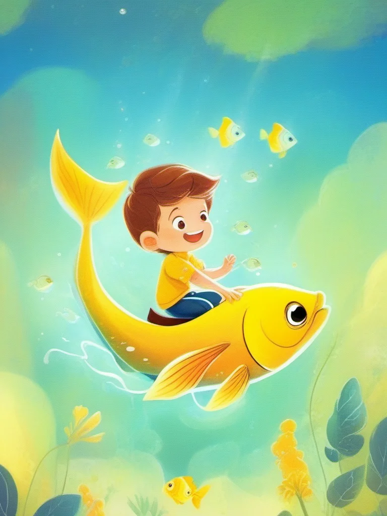 colorful illustration of a child in a yellow shirt riding a fish., <lora:kids:1> illuillustration,