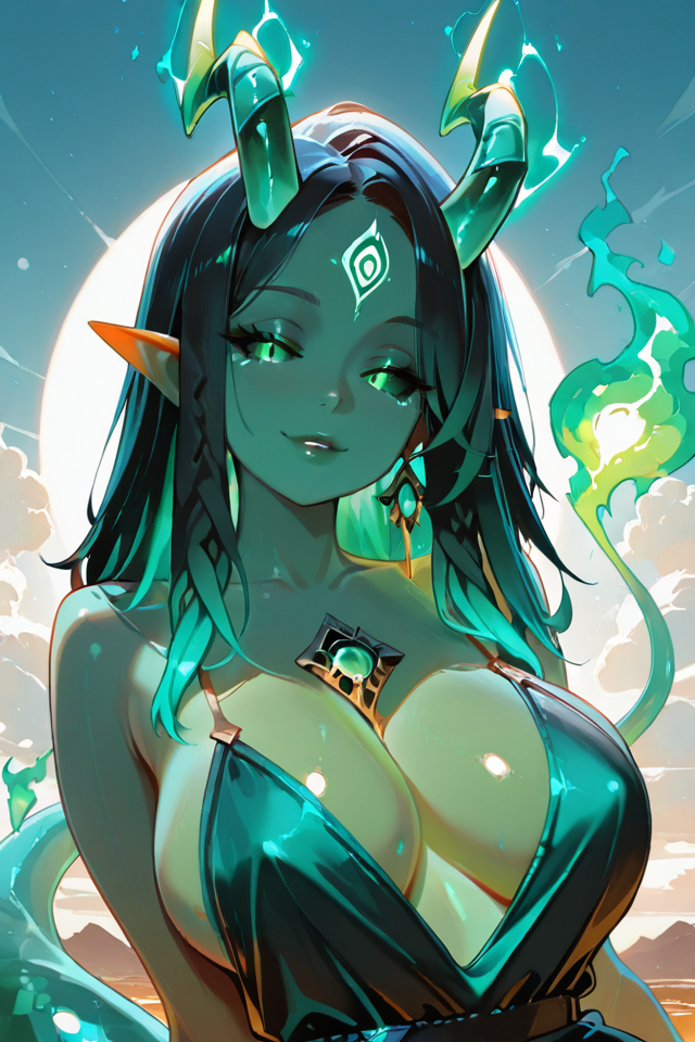 PonyScores, Expressiveh, (score_9, score_8_up, score_8, ASCII score_9), Rating 9, Rating 8, Rating 7, (Jade Obsidian Girl), (looking at viewer), 1girl, mature female, sexy, erotic, seductive, big breasts, large breasts, upper body, ultra-detailed, 32k, high detail, detailed, octane render, unreal engine, hyper detailed, ultra detail, (detailed background), (detailed face), illustration, CG, eyelashes, thick lines, soft lighting, absolutely eye-catching, (beautiful face), very awa, very aesthetic, absurdres, newest, portrait, center frame, apocalype, alluring, masterpiece, best quality, (seductive smile), parted lips, safe_pos, pinch dark, horror, from front, (natural beauty), (natural breasts), (ultra detail eyes), (beautiful sexy female), volumetric lighting, hdr, glowing plasma contur, (bioluminescence), Black Sclera, Horns, Dreadlocks, Pointy ears, Female Alien, Monster Girl, (tail, tail set aside, thick tail, triangular tipped tail), (sparking aura), powerful, energetic, vibrant, fire, (green aura), (spiked hair), (red hair), (bioluminescence hair), (fiery aura), (aura), perfect eyes, energy, electricity, (green electricity), (energy charging posture), (charging aura), (green skin), shadow, makeup, green theme, gradient, lips, (glowing fiery eyes:1.05), casual dress, sexy dress, ultra-HD, intricate textures, luminous lighting, cinematic ambiance, shimmering gradients, ethereal glow, deep contrast, soft volumetric fog, subtle particles, radiant reflections, rich color tones, seductive atmosphere, captivating sensuality, Cinematic Lighting, Shadow, backlit, backlighting, BREAK raytracing, volumetric lighting, ambient occlusion, shimmering particles in the air, intricate cinematic background, intimate and seductive, BREAK beautiful girl, jade horns, jade green, jade tail, (Sexy lips), (glowing-neon-green-dress), outdoors, day, blue sky, sun, <lora:JadeObsidianGirlillusV1ApexAi:1>