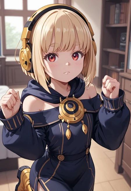 score_4,score_5,score_6,score_7_up,score_8_up,score_9 ((masterpiece,best quality,ultra detailed,highres,HD,4k:1.2)), 
1 cute girl,((solo,solo focus)),girl focus,face focus,
blonde hair,bangs,short hair,bob cut,sidelocks,thick eyebrows,red eyes,petite,
((Headphones, wearing headphones)),
long sleeves,bare shoulders,hood down,sleeves past wrists,sleeves past fingers,dress,barefoot,boots,yellow footwear,
indoors,arabian
standing on one leg,looking at viewer,closed mouth,Expressionless,blush,