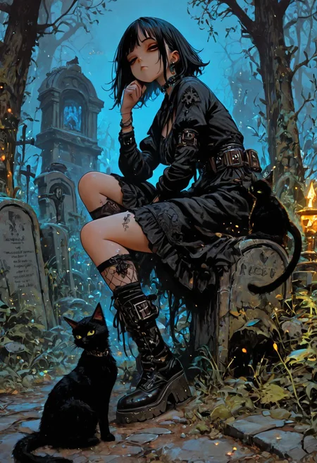 highres, very detailed, amazing quality, masterpiece,
very aesthetic, RBL-Illu,
particle effect, Cinematic, 
1girl, solo, witch, goth, bored face, goth dress, boots, 
looking at viewer, beautiful eyes, bored,
pet cat, black cat, relaxed pose,
graveyard,
full body shot,