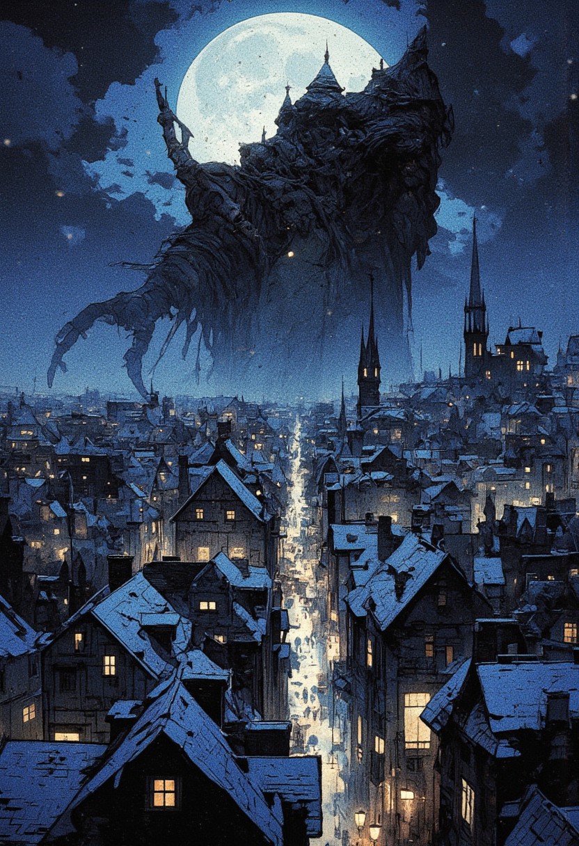 An eerie aerial view of a sprawling gothic city at night, its rooftops blanketed in frost and snow, illuminated by a few dimly glowing windows. The medieval-style buildings, packed closely together, create a labyrinth of dark alleys and towering spires. 
A sinister shadow looms over the city, stretching across the rooftops like an ominous hand—elongated fingers resembling the clawed grasp of a vampire, reaching as if to claim the city as its own. The shadow appears unnaturally sharp, cast from an unseen figure high above, adding an element of supernatural dread. 
The atmosphere is thick with an unsettling silence, broken only by the distant sound of a wolf's howl and the faint flicker of lanterns swaying in the cold wind. Dark clouds obscure the moon, creating a deep contrast of black and icy blue tones that emphasize the horror-like ambiance. 
The composition is cinematic, resembling a scene from a gothic horror film, evoking a sense of dread, isolation, and supernatural terror.
,  anime, cyberpunk