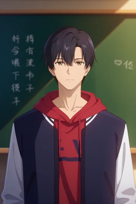 masterpiece, best quality, amazing quality, very aesthetic, high resolution, ultra-detailed, absurdres, newest, scenery, volumetric lighting, depth of field,anime screencap, , , 1boy, solo, male focus, <lora:yexiu:0.90>Ye Xiu, black hair,brown eyes, short hair,looking at viewer,long sleeves,closed mouth,collarbone, upper body, varsity jacket,white sleeves, open clothes, hood, open jacket, hoodie, expressionless, hood down, straight-on, chalkboard, red hoodie,