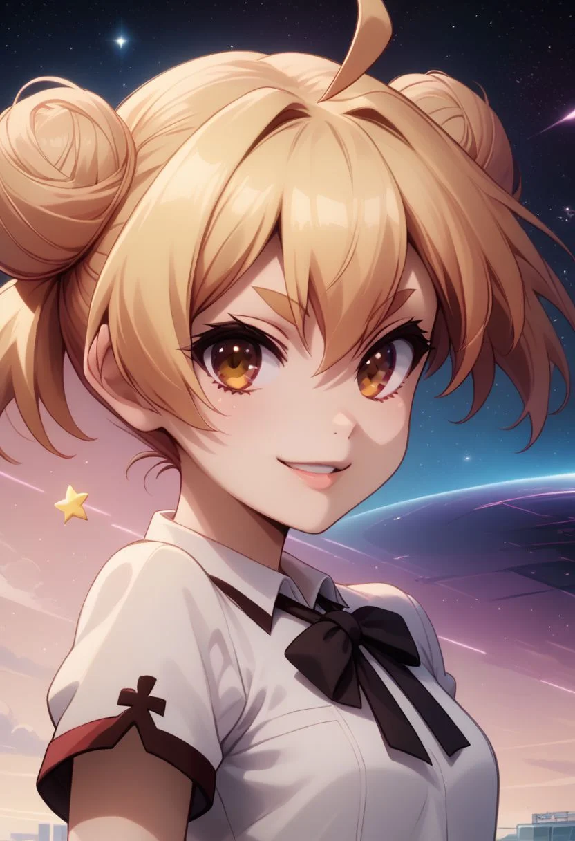 score_9, score_8_up, score_8, medium breasts, (curvy), cute, eyelashes, rating_safe,
BREAK,
zzgakumazawatatsuko, bangs, blonde hair, hair between eyes, brown eyes, ahoge, hair bun, double bun, thick eyebrows, school uniform, neck ribbon, white shirt, collared shirt, short sleeves, black skirt,
BREAK,
looking at viewer, smile,
dynamic angle, stars, floating, colorful, pink, blue eyes, black bow, from side, on back, spaceship, technological,
zPDXL,