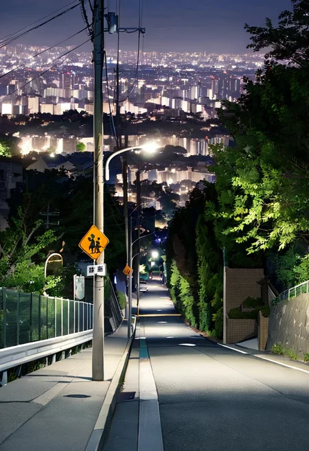 masterpiece, best quality, very aesthetic, absurdres,
haruhizaka, kitakoumae, scenery, night, lamppost, outdoors, tree, road, sky, night sky, city, power lines, building, cityscape, street, sign, dark, guard rail, road sign, real world location,
<lora:kitakoumae_SDXL_V3:1>
