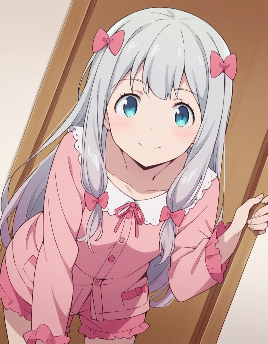 score_9, score_8_up, score_7_up, source_anime,
sagiriizumi, <lora:sagiri-izumi-s1-ponyxl-lora-nochekaiser:1>,
sagiri izumi, long hair, blue eyes, bow, hair bow, grey hair, pink bow,
ribbon, shorts, pink shirt, pajamas, pink shorts,
indoors, bent over, smile,
solo, looking at viewer, cowboy shot, dutch angle,