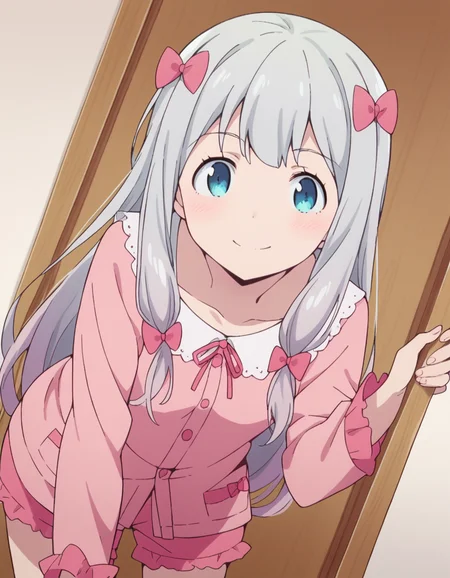 score_9, score_8_up, score_7_up, source_anime,
sagiriizumi, <lora:sagiri-izumi-s1-ponyxl-lora-nochekaiser:1>,
sagiri izumi, long hair, blue eyes, bow, hair bow, grey hair, pink bow,
ribbon, shorts, pink shirt, pajamas, pink shorts,
indoors, bent over, smile,
solo, looking at viewer, cowboy shot, dutch angle,