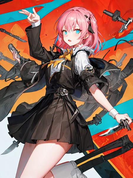 masterpiece, best quality, 1girl, solo, dynamic pose, dynamic angle, effect, multicolored background, <lora:lee-8:1>, school uniform, knife,
