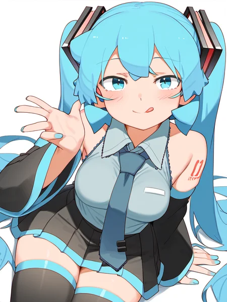 score_9, source_anime,
1girl, solo, hatsune miku, long hair, tongue, necktie, tongue out, twintails, skirt, thighhighs, detached sleeves, breasts, shirt, black thighhighs, very long hair, medium breasts, :p, tattoo, sitting, pleated skirt, bare shoulders, looking at viewer, black skirt, hair ornament, white background, grey shirt, nail polish, collared shirt, bangs, shoulder tattoo, zettai ryouiki, smile, simple background, aqua hair, long sleeves, aqua eyes, hand up, sleeveless, akanbe, black sleeves
<lora:abmayo_)ponyDiffusionV6XL_v6StartWithThisOne 8x16 AdamW8bit__cosine__1708740582:1>