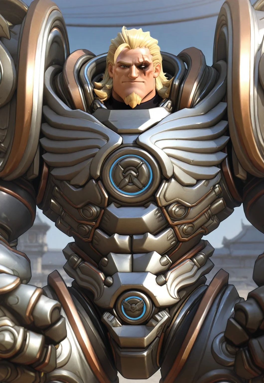 3d, realistic, ultra-detailed face, defined face, reinhardt \(crusader\) \(overwatch\), 1boy, medium hair, blonde hair, goatee, scar across eye, blue eyes, bara, (muscular, bodybuilder, broad shoulders, big arms, thick thighs), (armor), portrait, looking at viewer, very awa, masterpiece, best quality, absurdres, newest, perfect quality, detailed background, intricate details