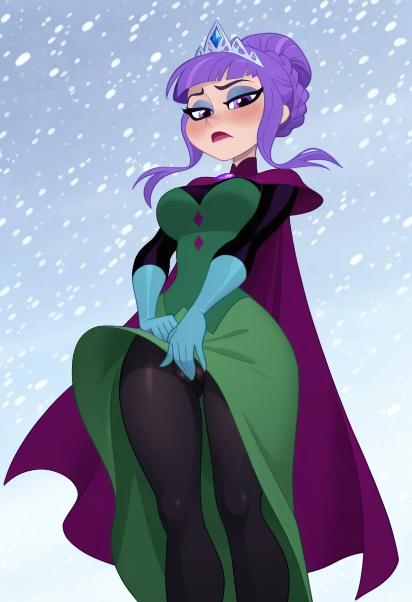 brucetimm, DCSG-Style, solo, ZeeZ, ZeeZ Normal, Purple Hair, Purple eyes, blunt bangs, braid, lips, makeup, lipstick, purple cape, brooch, eyeshadow, shirt_under_dress, long sleeves, blue gloves, elbow gloves, green skirt, long skirt, black leggings, tiara, seductive slutty wondered face, hair up, looking at viewer, standing, low angle, big breasts, skirt uplift, fat cameltoe, blushing, outside, winter, snow, wind, blizzard, long fingers, touching crotch, <lora:DC_super_hero_Girls:.6> <lora:Elsa_-_Disney_Illustrious:.8><lora:Bruce_Timm_Pinup_Girls_Illustrious:.6>, masterpiece, best quality, very aesthetic, absurdres, high resolution, ultra detailed, perfect details,8K,
