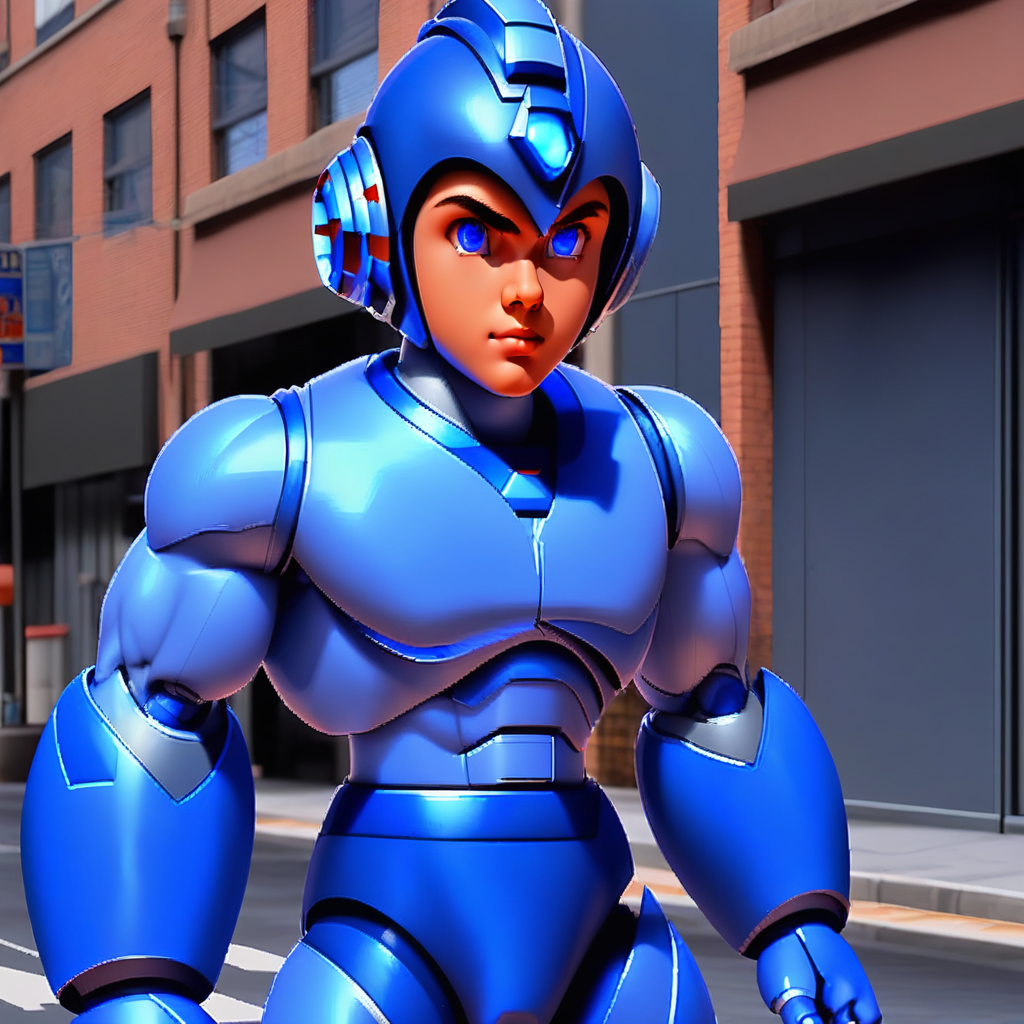 megaman, standing on a street, street level, blue robot, 3d++, smooth, high details, masterpiece, 4k, (handsome teen face), (realistic face:1.5), (high detailed face:1.5), (high detailed eyes:1.5), (serious), (focused)