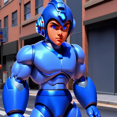 megaman, standing on a street, street level, blue robot, 3d++, smooth, high details, masterpiece, 4k, (handsome teen face), (realistic face:1.5), (high detailed face:1.5), (high detailed eyes:1.5), (serious), (focused)
