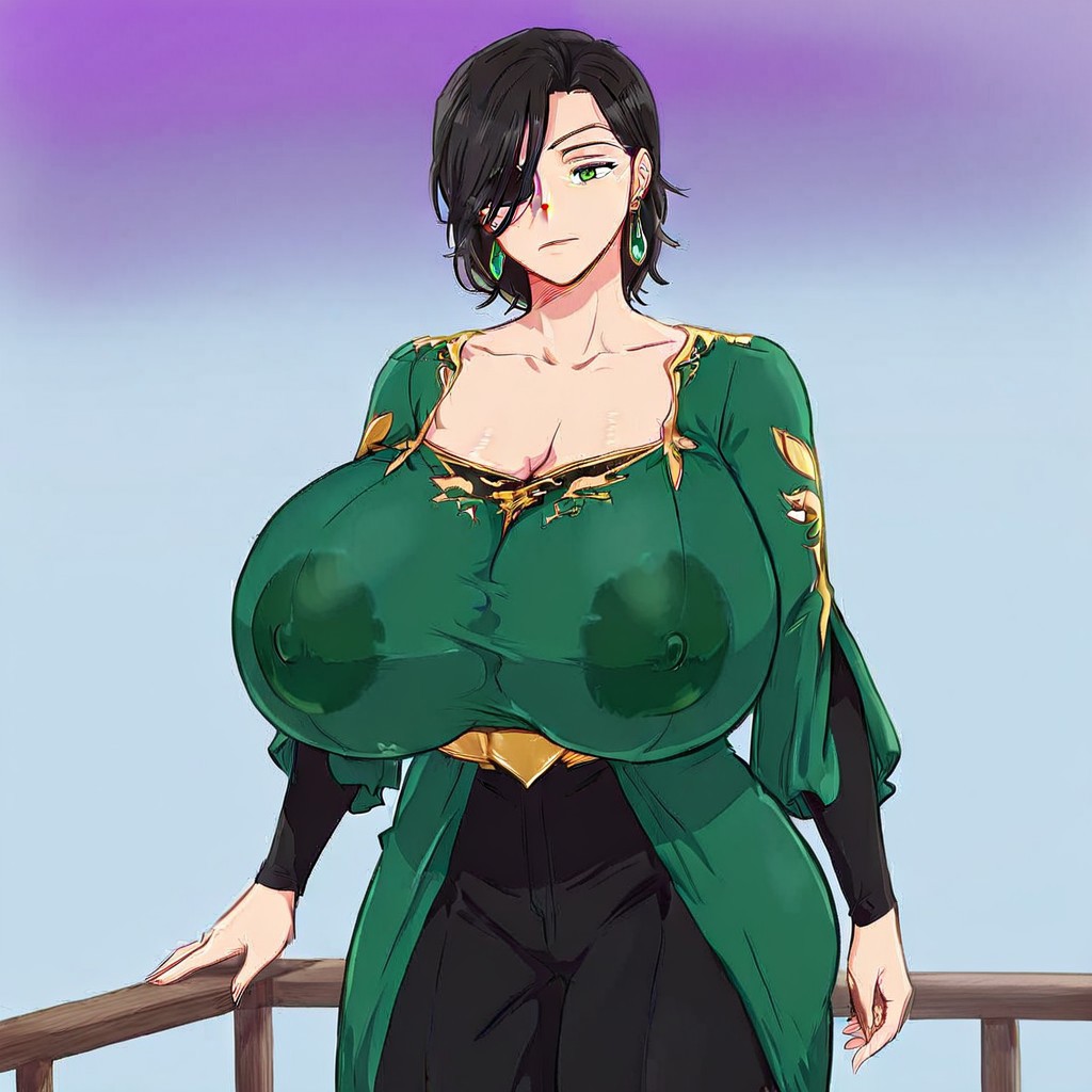 solo, 1girl, long sleeves, green eyes, green dress, black pants, earrings, breast,  Acelabenkan, black hair, eyepatch, Huge Breast, Santetsu