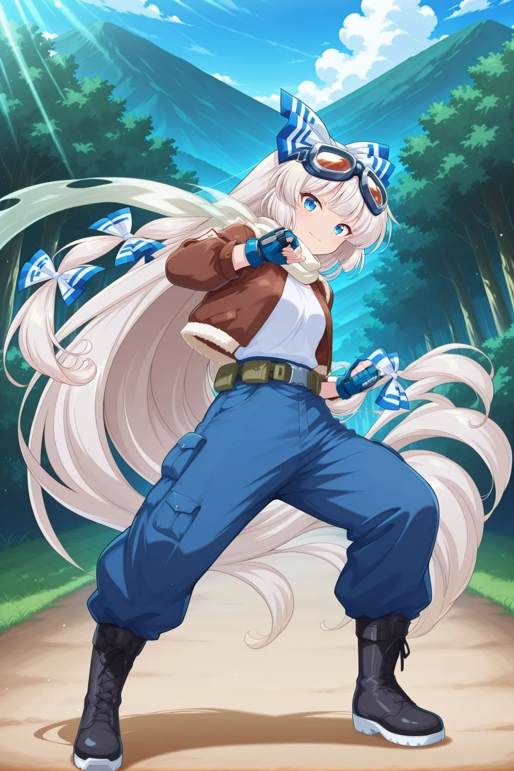 absurdres, highres, masterpiece, best quality, amazing quality, official anime artwork, screencap, anime screencap, outdoors, looking at viewer, light smile, dynamic pose, standing,
<lora:Fujiwara-no-Mokou_IllustriousV2:1> fujiwara no mokou, 1girl, solo, blue eyes, white hair, very long hair, small breasts, fujiwara no mokou \(defiant blue phoenix\), alternate costume, hair bow, blue bow, goggles on head, white scarf, brown jacket, open jacket, white shirt, blue gloves, blue pants, belt, black boots, armored gloves,