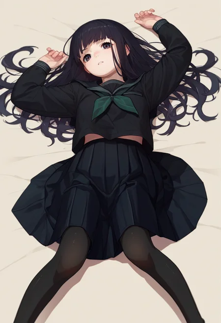 score_9, score_8_up, score_7_up, source_anime, <lora:RinneCAME-000007:1> Rinne, long hair, black hair, black eyes, black serafuku, black skirt, green necktie, pantyhose, on back,