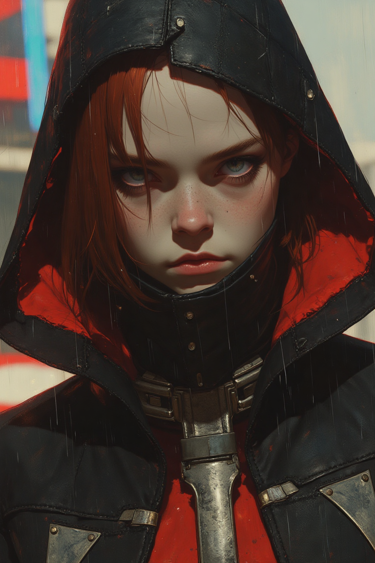 A hyper-realistic, highly stylized portrait of a copper-toned female assassin, her piercing grey eyes locked onto the viewer with calculated precision. Her short, asymmetrical hair is dyed crimson at the tips, partially obscured by a sleek matte black hood lined with scarlet. She wears a tight-fitting, high-collared obsidian leather jacket adorned with angular silver insignias, over a crimson underlayer of fine silk. A thin metallic faceguard wraps beneath her jawline. The background is a dystopian cityscape glowing in cold neon blues and reds, rain cascading down in blurred motion, amplifying her lethal, modern elegance.