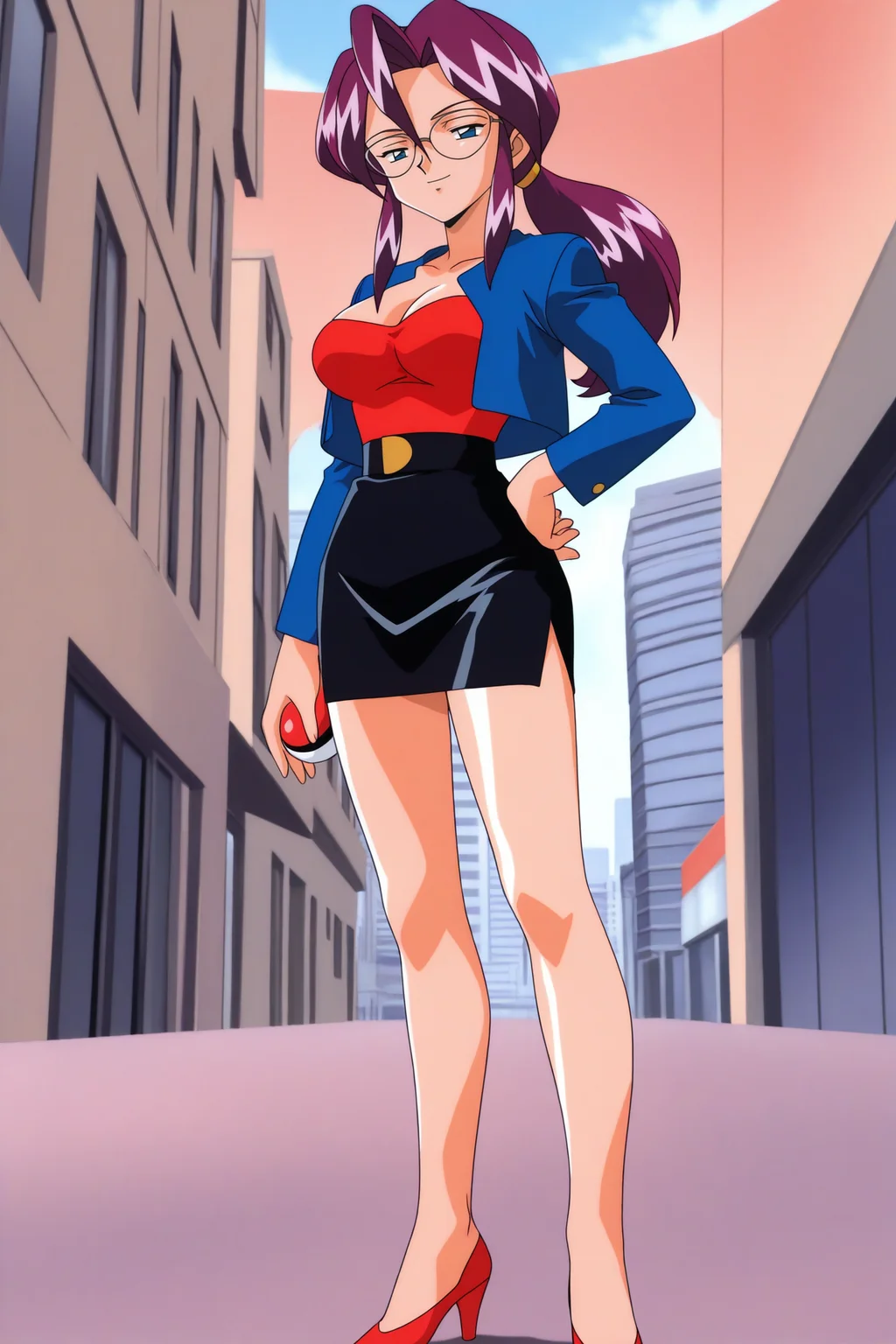 masterpiece, best quality, 1girl, solo, <lora:lorelei-illu-nvwls-v1-000006:1> anilorl, purple hair, low ponytail, sidelocks, hair between eyes, glasses, blue eyes, blue jacket, cropped jacket, red shirt, strapless shirt, cleavage, black miniskirt, belt, anime screencap, city, blue sky, 1990s \(style\), looking at viewer, smile, half-closed eyes, high heels, standing, holding poke ball, full body, hand on hip