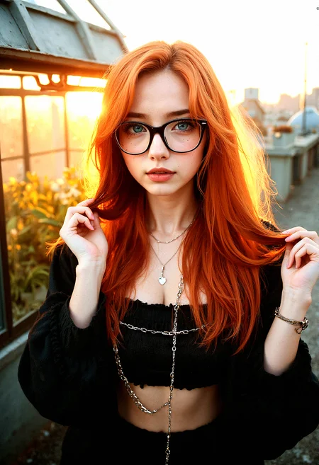 Portrait of a stunning 18-year-old woman with ginger hair, bright aqua eyes, subtle freckles, thick eyebrows, and trendy glasses giving her a nerdy appearance.A delicate chain attached to her glasses, allowing them to hang around her neck when not in use.
She is wearing a stylish, modern outfit and is shown from the waist up, striking a random pose while looking directly at the viewer.
A small, glass greenhouse filled with plants is situated on one side of the rooftop. The setting sun casts a warm glow through the glass, creating a serene, nature-meets-city atmosphere.
Both hands holding her hair back from her face, with a focused or engaged expression.