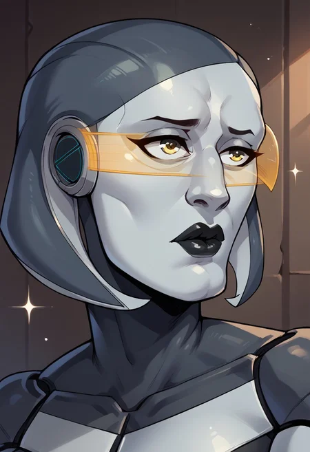 score_9, score_8_up, score_7_up, score_6_up BREAK
EDI-DH <lora:EDI_Mass_Effect:0.8>, humanoid robot, black lips, (yellow heads-up display:1.2), grey skin, <lora:flick-guy-PONYv1:0.7> <lora:handsomize_x_pdxl_v1:0.7> handsomize, sparkle,