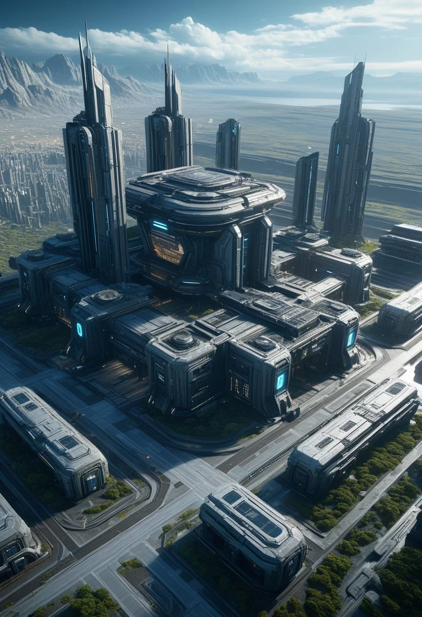 Beautiful architectural ruins of a desolated majestic futuristic technologically advanced cyberpunk scientist civilization in space, split into Nine Sections, each section is done by a different artist, Hyper detailed digital matte painting, beautiful landscape concept art, hyperrealism, 16k resolution, Cinema 4D, 8k resolution, trending on artstation, behance HD, a masterpiece, illustration render cinema octane x-particle HDR DLSR detailed sophisticated 16k Behance HD, Epic 3D Videogame Graphics, Intricately Detailed, refined, defined, follow negative prompts