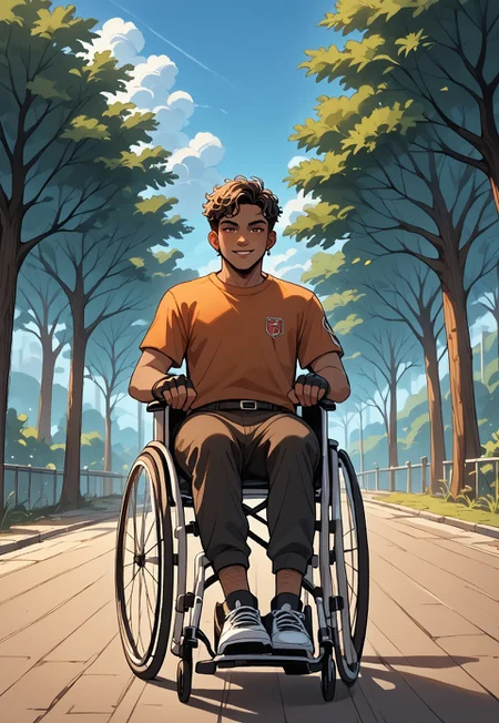 score_9, score_8_up, score_7_up, score_6_up, score_5_up, score_4_up, best quality, detailed, masterpiece, 1boy, 1man
BREAK,
1boy, deep golden-brown skin, short tightly coiled black curly hair with a wild top, and expressive hazel eyes. Their face has light freckles across their nose and cheeks,
BREAK,
Stylish streetwear, tech streetwear, outfit is stylish and layered, featuring fingerless gloves
BREAK,
They are seated in a fully visible custom wheelchair with a sleek, artistic design. The wheelchair has a metallic sheen with intricate constellations engraved into the frame and tiny inlaid gemstones that catch the light. It has large, stylish wheels and a sturdy yet elegant structure.,
BREAK,
Lio has a confident and charismatic expression, looking directly at the viewer with a warm yet rebellious energy,
BREAK,
sw4p, wheelchair, sat in wheelchair, wheelchair user, wheelchair bound, outside, sunny, trees