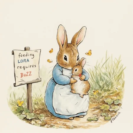 BPstyle, drawing, mother rabbit hugging her baby, sitting on the paveway, paper next to her titling:"feeding LORa requires BUZZ", pathetic,  sad