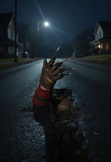 (Top realism), (Best quality), Hyper detailed photography, perfectly focused, maximum sharpness, captures the maximum realism of a sewer on a sinister road, with houses on the sides, (half the body of "Freddy Krueger" of Elm Street protrudes from the sewer), intricate details in his terrifying glove of knives, nightmare atmosphere on a perfectly lit night, cinematic style,  UHD 8k.
