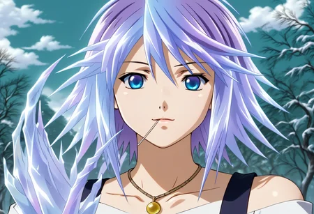 score_9, score_8_up, score_7_up, score_6_up,<lora:Mizore_Shirayuki_v2_Rosario__Vampire_SFWNSFW_PONY_XL_by_UOC:1>, Mizore Shirayuki, MizoreShirayuki, mouth hold, 1girl, yukionna, yuki_onna, solo, short hair, blue eyes, jewelry, ice claws, blue hair, purple hair, food, necklace, tree, candy, ice, lollipop