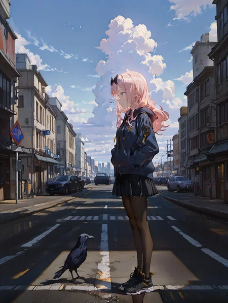 perfect quality,high quality,masterpiece,best quality,amazing quality,very aesthetic,absurdres,Cinematic Lighting,newest,Tactical use of shadow,
1girl,solo,long hair,pink hair,bangs,blunt bangs,bow,hair bow,black bow,blue eyes,FujiwaraChikaCYQL,,
bird,outdoors,sign,crow,pantyhose,blurry,skirt,handsinpockets,scenery,roadsign,hood,depthoffield,sky,day,standing,railroadtracks,blackpantyhose,building,city,jacket,hooddown,hoodie,shoes,flock,pleatedskirt,profile,animal,road,cloud,fromside,blackfootwear,,
<lora:spo_sdxl_10ep_4k-data_lora_webui:0.5>,<lora:EtherSDXL:0.7>,EtherStyle,<lora:748cmSDXL:0.5>,748cmstyle,<lora:HG2512 by CYQL:0.8>,HG2512,<lora:lora.by_tusi:1>,
