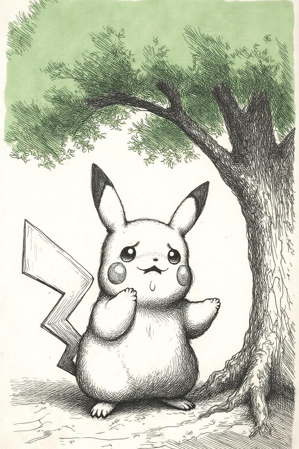 Black and white rembr1 etching. Pikachu crying, large tear drops on his face, under a green tree 
  <lora:rembr_etch4_cap_d6a3e11:1.0><lora:810576447774187801:0>