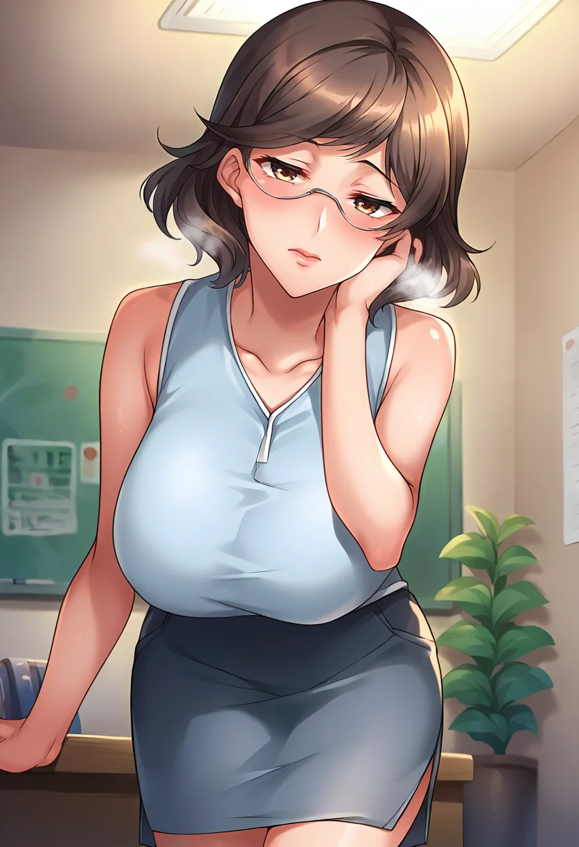 score_9, score_8_up, score_7_up, masterpiece, source_anime, 1girl, solo, ct_4nna, short hair, brown eyes, semi-rimless eyewear, huge breasts, light blue sleeveless shirt, blue pencil skirt, shiny skin, indoors, looking at viewer, breath, leaning forward, from below, blush, cowboy shot,<lora:AnnaOkudera_Pony_ct_ver2:1>
