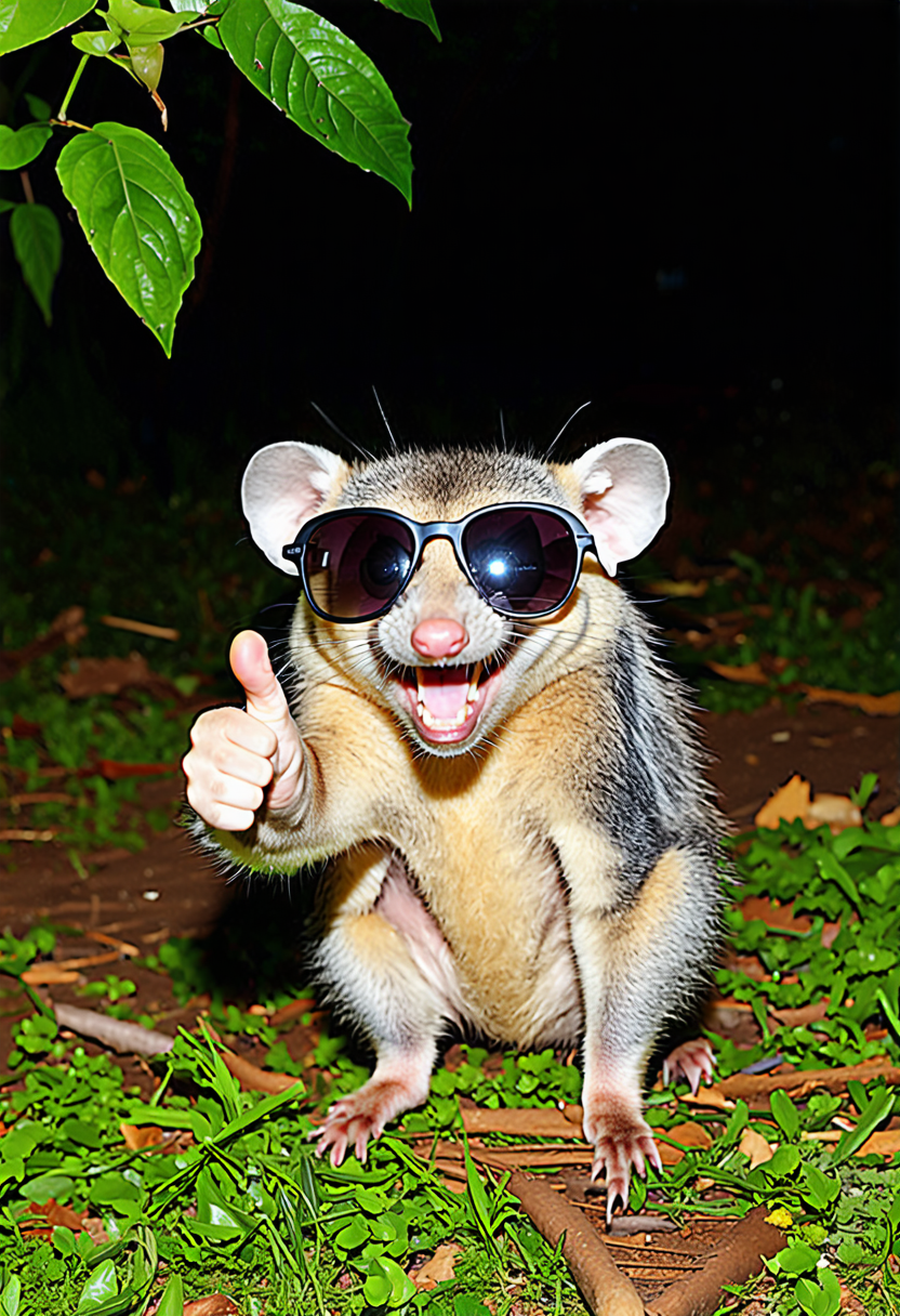 animal, awesome possum, thumbs up, crazy smile, night, park, flashlight photography, national geographic, sunglasses