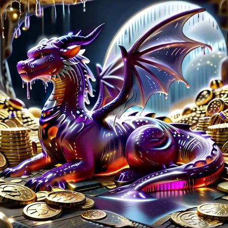 1dragon, highly detailed deep purple dragon, deep purple dragon made out of slime, scaly deep purple slime dragon, slime dragon with red eyes, deep purple slime dragon laying in its hoard, blue slime dragon with wings, dragon wings, detailed claws, detailed feet, detailed tail,
multi-colored gems made out of slime, in a room of treasure made out of slime, gold coins and bars made out of slime, piles of coins, piles of gold slime coins, piles of gold slime, tiny gold slime coins, 
treasure-room, treasure, gemstone, coins, gold bars, gold pile, 
everything made of slime, No simple background,
((translucent slime)), ((transparent slime)), (bioluminescent slime), sl1m3, slime, ais-blmn, watce, je11y, thickwater, great lighting, ral-lava, even lighting, no bright spots, saturated colors,