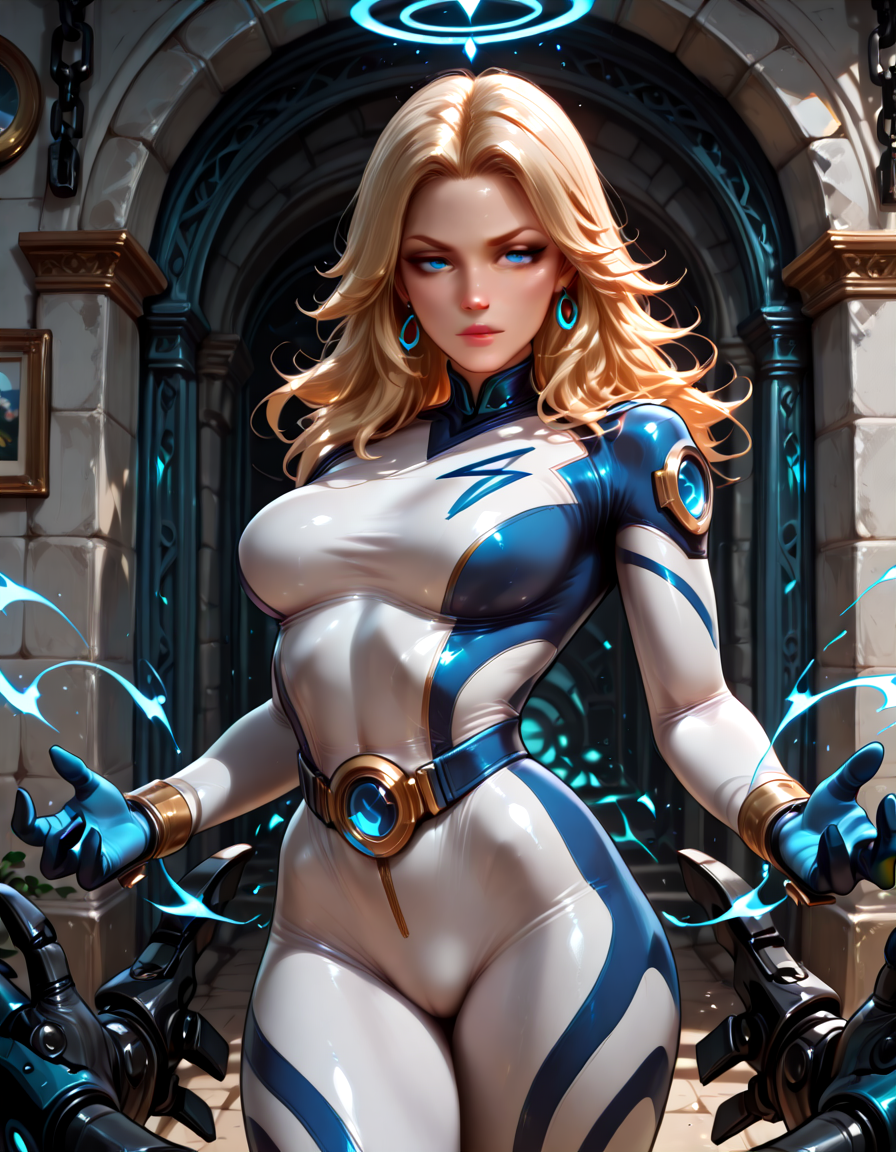 <lora:InvisibleWoman_NoobAI:1>,inv_woman,blue and white bodysuit,
